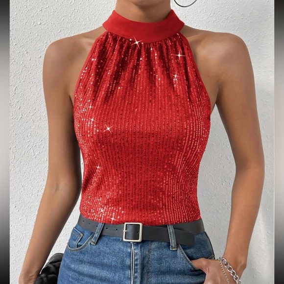 Luxe Sequin Halter Party Evening Holiday Top - Picture 2 of 12